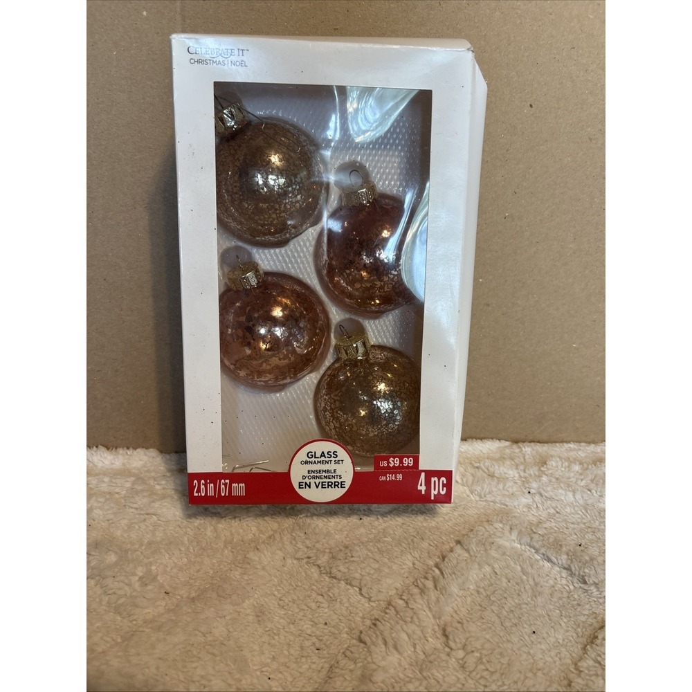Holiday Time Glass Ornaments PINK With GOLD Set Of 4 VINTAGE
